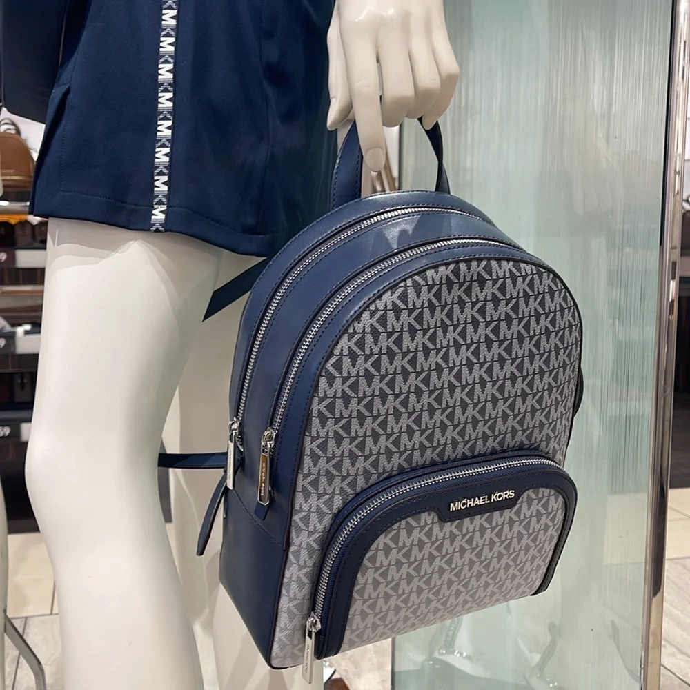 MICHAEL KORS Jaycee Medium Ombré Signature Logo Zip Pocket Backpack Navy NWT